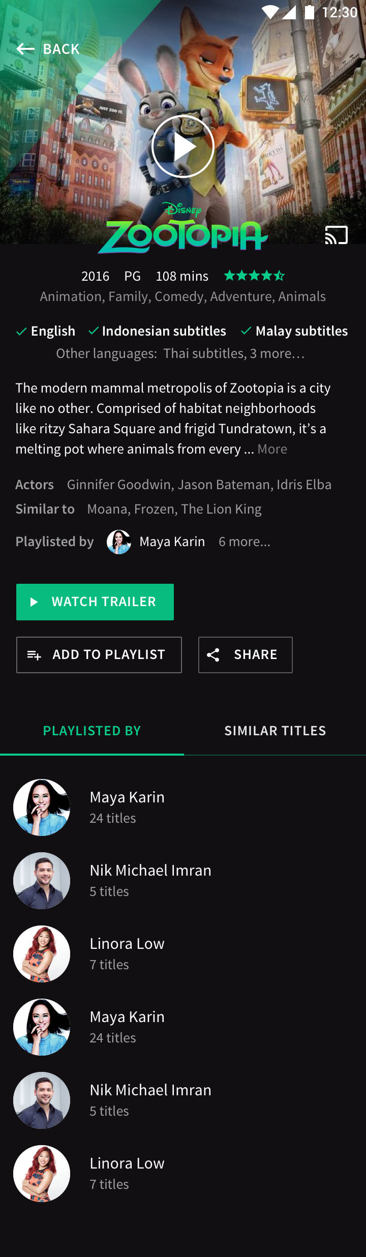 A concept design for the iflix mobile app. Zootopia is the selected title, with a banner and 'play' button prominent, and information about the title displayed below (year, rating, running time, languages, description, etc).