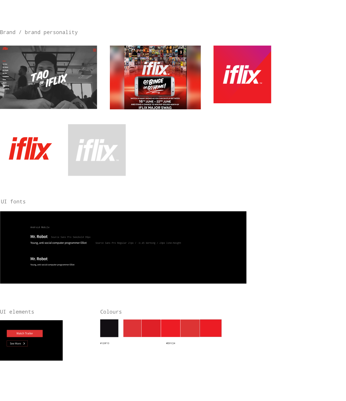 Screenshot of some brand elements, including the iflix company culture site, logos, colours, fonts and UI elements.