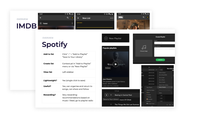 Image of two slideshow slides, titled IMBD and Spotify, showing screenshots of lists in those products and some notes.