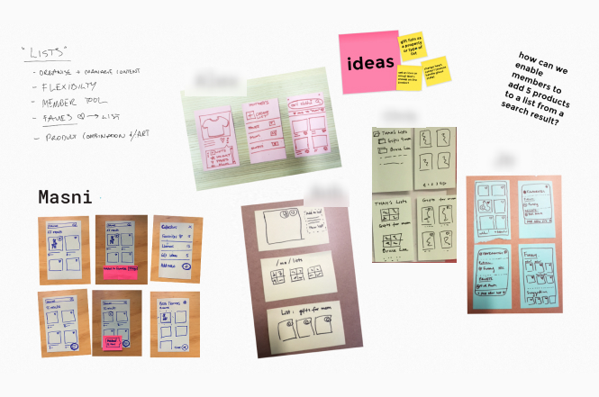 A saved 'Google Jamboard' screen titled 'Lists'. There's the prompt 'How can we enable members to add 5 products to a list from a search result?', and photos of different people's ideas hand-drawn on sticky notes.