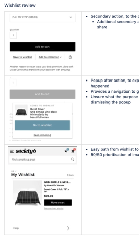 Screenshot of a Confluence page with a table titled 'Wishlist review' and screenshots of lists on another website, annotated