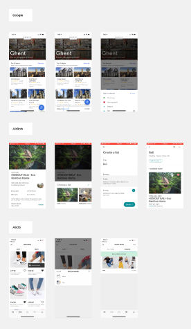 Screenshot of a Sketch document with mobile screenshots of lists in other apps, including Google Travel Guide, Airbnb, and ASOS