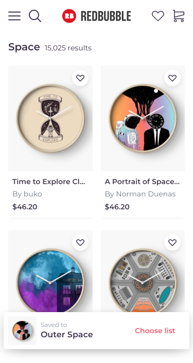 A screenshot of Redbubble on mobile, showing search results for 'space', and four clocks with space-themed artwork, including the same 'spacetime' artwork as in the background image. There's also a notification popup with the text 'Saved to: Outer Space' and a 'choose list' button