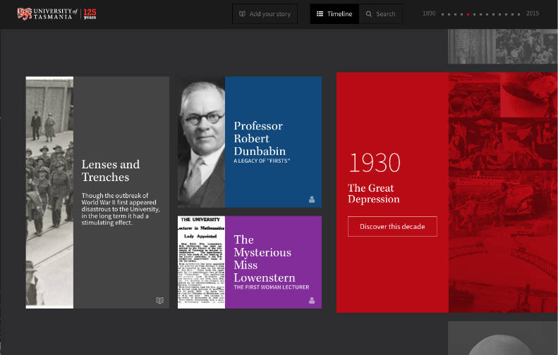 Screenshot from the 'UTAS 125' website showing the '1930s' decade as highlighted, and some feature stories.