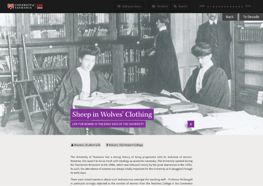 Screenshot from the 'UTAS 125' website showing an article titled 'Sheep in Wolves Clothing' with a banner showing an old black and white photo of two women in a library and the article content following.